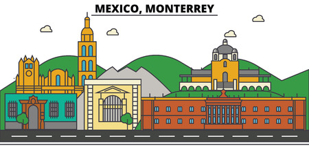 Mexico, Monterrey. City skyline, architecture, buildings, streets, silhouette, landscape, panorama, landmarks. Editable strokes. Flat design line illustration concept. Isolated iconsのイラスト素材