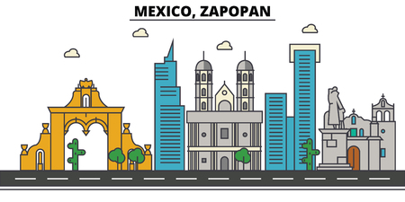 Mexico, Zapopan. City skyline, architecture, buildings, streets, silhouette, landscape, panorama, landmarks. Editable strokes. Flat design line illustration concept. Isolated iconsのイラスト素材