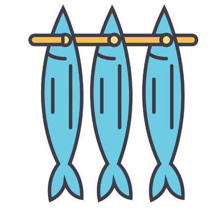 Fish drying flat line illustration, concept vector icon isolated on white backgroundのイラスト素材
