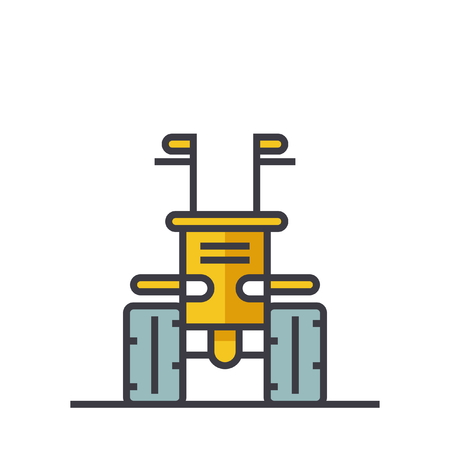 Industrial machine tractor flat line illustration, concept vector icon isolated on white backgroundのイラスト素材