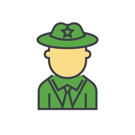 Sheriff, policeman flat line illustration, concept vector icon isolated on white backgroundのイラスト素材