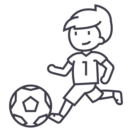 soccer,boy playing football vector line icon, sign, illustration on white background, editable strokesのイラスト素材