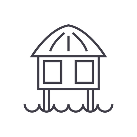 stilt house vector line icon, sign, illustration on white background, editable strokesのイラスト素材