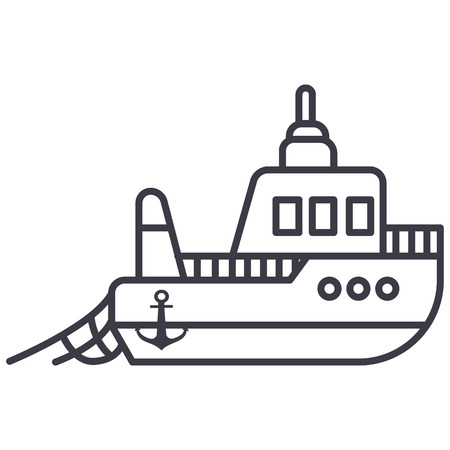 boat fishing vector line icon, sign, illustration on white background, editable strokesのイラスト素材
