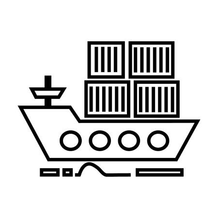 cargo delivery by sea ship vector line icon, sign, illustration on white background, editable strokesのイラスト素材