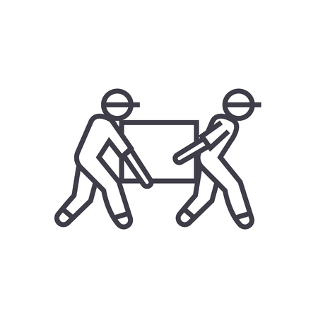 deliverymen,box taking vector line icon, sign, illustration on white background, editable strokesのイラスト素材