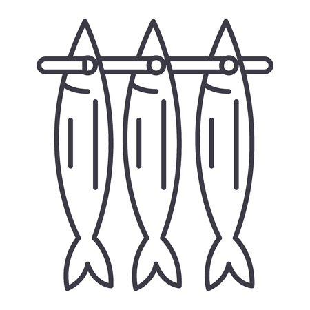 fish drying vector line icon, sign, illustration on white background, editable strokesのイラスト素材