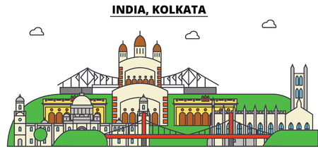 India, Kolkata, Hinduism. City skyline, architecture, buildings, streets, silhouette, landscape, panorama, landmarks. Editable strokes. Flat design line vector illustration concept. Isolated iconsのイラスト素材