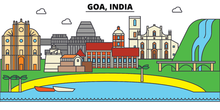 Goa, India, Hinduism. City skyline, architecture, buildings, streets, silhouette, landscape, panorama, landmarks. Editable strokes. Flat design line vector illustration concept. Isolated iconsのイラスト素材