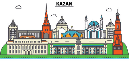 Russia, Kazan. City skyline, architecture, buildings, streets, silhouette, landscape, panorama, landmarks. Editable strokes. Flat design line vector illustration concept. Isolated iconsのイラスト素材