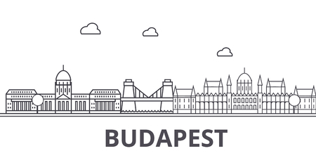 Budapest architecture line skyline illustration. Linear vector cityscape with famous landmarks, city sights, design icons. Editable strokesのイラスト素材