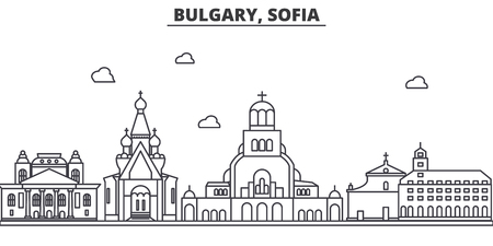 Bulgaria, Sofia architecture line skyline illustration. Linear vector cityscape with famous landmarks, city sights, design icons. Editable strokesのイラスト素材