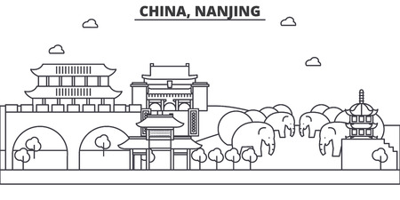 China, Nanjing architecture line skyline illustration. Linear vector cityscape with famous landmarks, city sights, design icons. Editable strokesのイラスト素材