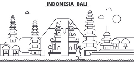 Indonesia, Bali architecture line skyline illustration. Linear vector cityscape with famous landmarks, city sights, design icons. Editable strokesのイラスト素材