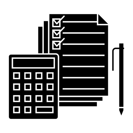Accounting - calculator, pen, checkbox docs icon, illustration, vector sign on isolated backgroundのイラスト素材