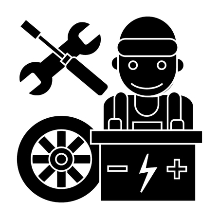 Auto mechanic - battery wheel - screwdriver and wrench icon, illustration, vector sign on isolated backgroundのイラスト素材