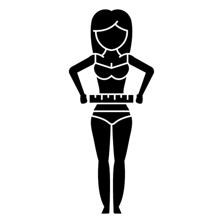 woman measuring her waist - diet fitness icon, illustration, vector sign on isolated backgroundのイラスト素材