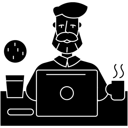 man with beard working on table with notebook icon, illustration, vector sign on isolated backgroundのイラスト素材