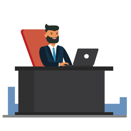 Big boss sitting at office desk cartoon flat illustration concept on isolated vector white backgroundのイラスト素材