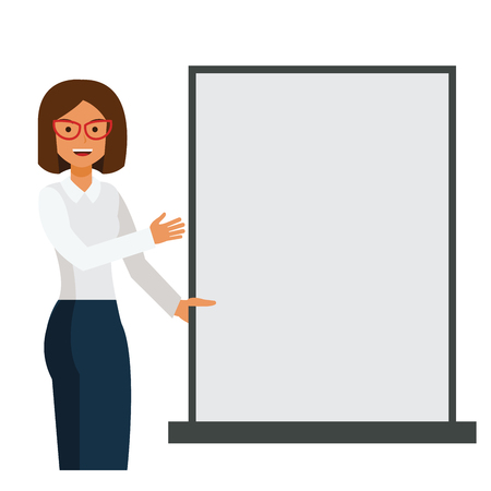 Business woman showing blank template board cartoon flat illustration concept on isolated vector white backgroundのイラスト素材