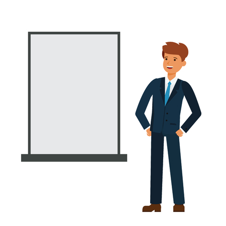 Businessman looking at blank board cartoon flat illustration concept on isolated vector white backgroundのイラスト素材