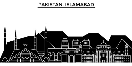 Pakistan, Islamabad architecture vector city skyline, black cityscape with landmarks, isolated sights on backgroundのイラスト素材