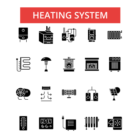 Heating system illustration, thin line icons, linear flat signs, outline pictograms, vector symbols set, editable strokesのイラスト素材