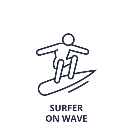 Cartoon line sketch of surfer on wave icon, outline sign, linear symbol, flat vector illustrationのイラスト素材