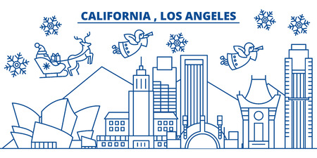 USA, California, Los Angeles  winter city skyline. Merry Christmas and Happy New Year decorated banner. Winter greeting card with snow and Santa Claus. Flat, line vector, linear christmas illustrationのイラスト素材