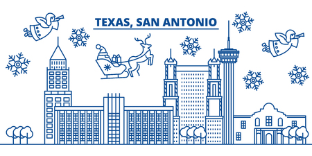 USA, California, San Antonio  winter city skyline. Merry Christmas and Happy New Year decorated banner. Winter greeting card with snow and Santa Claus. Flat, line vector, linear christmas illustrationのイラスト素材