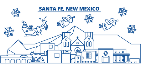USA, New Mexico, Santa Fe  winter city skyline. Merry Christmas and Happy New Year decorated banner. Winter greeting card with snow and Santa Claus. Flat, line vector, linear christmas illustrationのイラスト素材