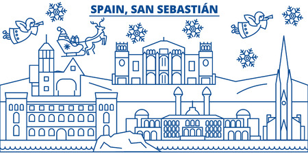 Spain, San Sebastian winter city skyline. Merry Christmas, Happy New Year decorated banner with Santa Claus.Winter greeting line card.Flat, outline vector. Linear christmas snow illustrationのイラスト素材