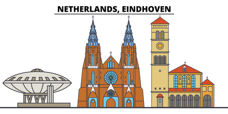 Netherlands, Eindhoven. City skyline, architecture, buildings, streets, silhouette, landscape, panorama, landmarks, icons. Editable strokes. Flat design line vector illustration conceptのイラスト素材