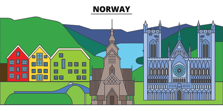 Norway. City skyline, architecture, buildings, streets, silhouette, landscape, panorama, landmarks, icons. Editable strokes. Flat design line vector illustration conceptのイラスト素材