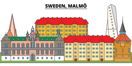 Sweden, Malmo. City skyline, architecture, buildings, streets, silhouette, landscape, panorama, landmarks, icons. Editable strokes. Flat design line vector illustration conceptのイラスト素材
