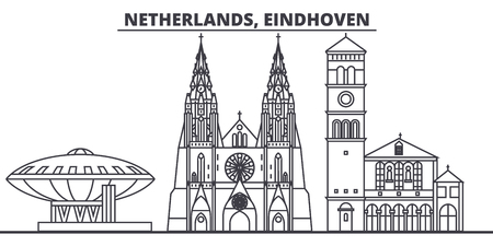 Netherlands, Eindhoven line skyline vector illustration. Netherlands, Eindhoven linear cityscape with famous landmarks, city sights, vector design landscape.のイラスト素材