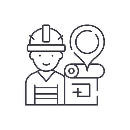 Engineer and house plan line icon concept. Engineer and house plan vector linear illustration, sign, symbolのイラスト素材