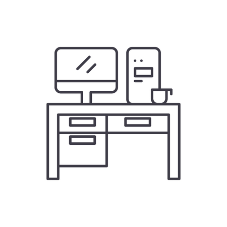 Home computer desk line icon concept. Home computer desk vector linear illustration, sign, symbolのイラスト素材