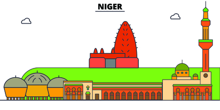 Niger line skyline vector illustration. Niger linear cityscape with famous landmarks, city sights, vector, design landscape.のイラスト素材