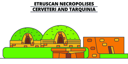 Etruscan Necropolises - Cerveteri And Tarquinia  line travel landmark, skyline vector design. Etruscan Necropolises - Cerveteri And Tarquinia  linear illustration.のイラスト素材