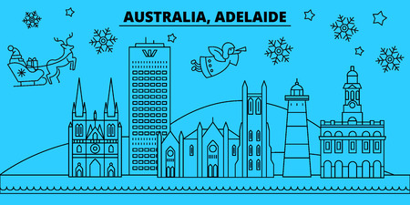 Australia, Adelaide winter holidays skyline. Merry Christmas, Happy New Year decorated banner with Santa Claus.Australia, Adelaide linear christmas city vector flat illustrationのイラスト素材