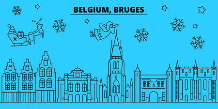 Belgium, Bruges winter holidays skyline. Merry Christmas, Happy New Year decorated banner with Santa Claus.Belgium, Bruges linear christmas city vector flat illustrationのイラスト素材