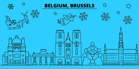 Belgium, Brussels winter holidays skyline. Merry Christmas, Happy New Year decorated banner with Santa Claus.Flat, outline vector.Belgium, Brussels linear christmas city illustrationのイラスト素材
