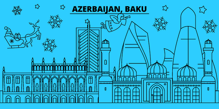 Azerbaijan, Baku winter holidays skyline. Merry Christmas, Happy New Year decorated banner with Santa Claus.Azerbaijan, Baku linear christmas city vector flat illustrationのイラスト素材