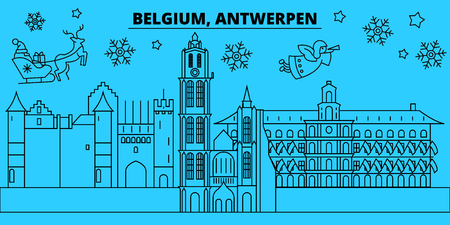 Belgium, Antwerpen winter holidays skyline. Merry Christmas, Happy New Year decorated banner with Santa Claus.Belgium, Antwerpen linear christmas city vector flat illustrationのイラスト素材