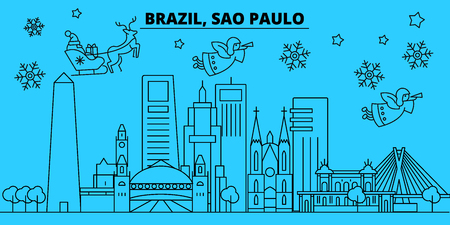 Brazil, Sao Paulo winter holidays skyline. Merry Christmas, Happy New Year decorated banner with Santa Claus.Flat, outline vector.Brazil, Sao Paulo linear christmas city illustrationのイラスト素材