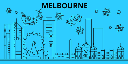 Australia, Melbourne winter holidays skyline. Merry Christmas, Happy New Year decorated banner with Santa Claus.Australia, Melbourne linear christmas city vector flat illustrationのイラスト素材