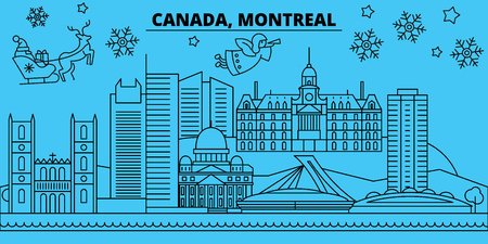 Canada, Montreal winter holidays skyline. Merry Christmas, Happy New Year decorated banner with Santa Claus.Flat, outline vector.Canada, Montreal linear christmas city illustrationのイラスト素材