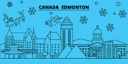 Canada, Edmonton winter holidays skyline. Merry Christmas, Happy New Year decorated banner with Santa Claus.Flat, outline vector.Canada, Edmonton linear christmas city illustrationのイラスト素材