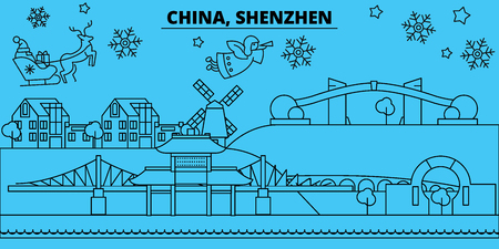 China, Shenzhen winter holidays skyline. Merry Christmas, Happy New Year decorated banner with Santa Claus.Flat, outline vector.China, Shenzhen linear christmas city illustrationのイラスト素材